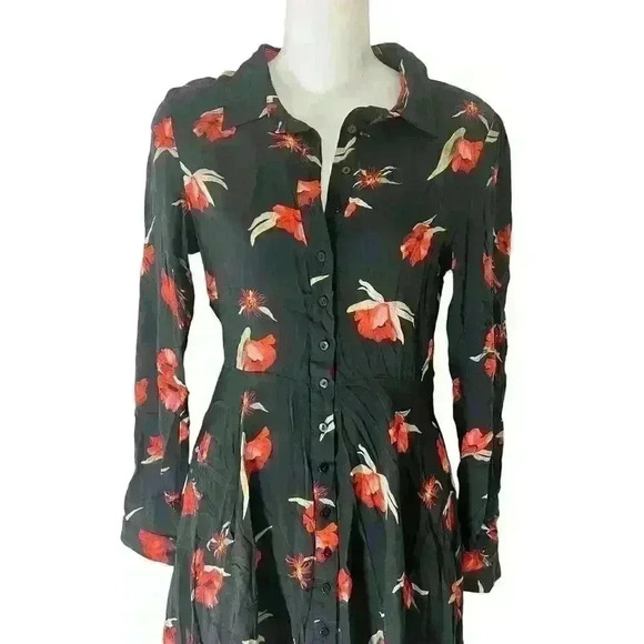 Zara Black/Red Flower Print Shirt Dress Fitted Torso Then Flirty Flair Sz XS - Picture 4 of 9